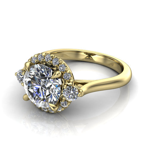 Riley round halo engagement ring in 14K Yellow Gold with squared pavé halo and round side accents, three-quarter perspective view