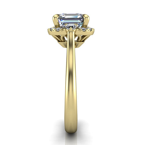 Riley asscher halo engagement ring in 14K Yellow Gold with squared pavé halo and round side accents, side profile showing the plain cathedral band and openwork gallery