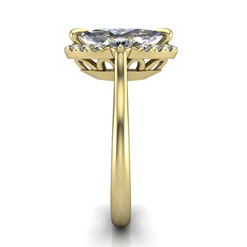 Riley marquise halo engagement ring in 14K Yellow Gold with squared pavé halo and round side accents, side profile showing the plain cathedral band and openwork gallery