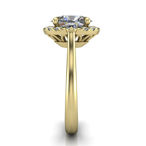 Riley oval halo engagement ring in 14K Yellow Gold with squared pavé halo and round side accents, side profile showing the plain cathedral band and openwork gallery