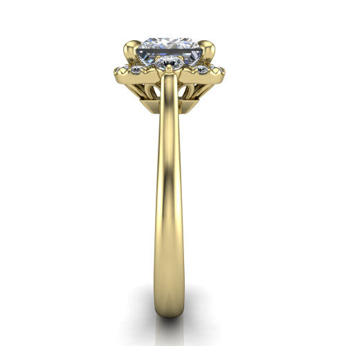 Riley princess halo engagement ring in 18K Yellow Gold with squared pavé halo and round side accents, side profile showing the plain cathedral band and openwork gallery