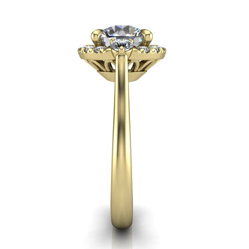 Riley round halo engagement ring in 18K Yellow Gold with squared pavé halo and round side accents, side profile showing the plain cathedral band and openwork gallery