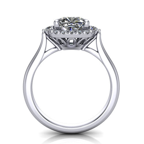 Riley cushion halo engagement ring in Platinum with squared pavé halo and round side accents, through-finger front profile