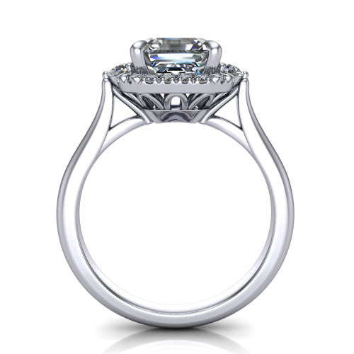 Riley asscher halo engagement ring in 18K White Gold with squared pavé halo and round side accents, through-finger front profile