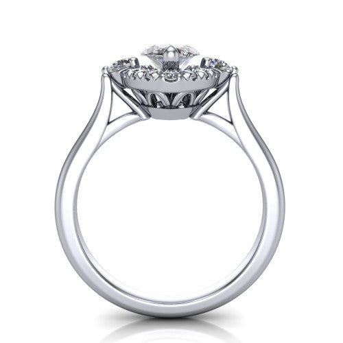 Riley marquise halo engagement ring in Platinum with squared pavé halo and round side accents, through-finger front profile