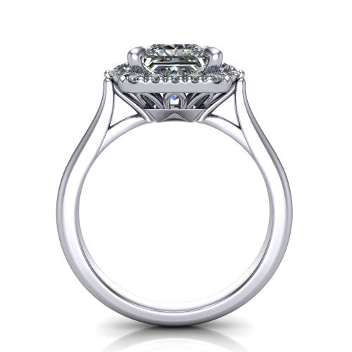Riley princess halo engagement ring in 18K White Gold with squared pavé halo and round side accents, through-finger front profile