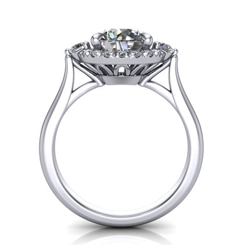 Riley round halo engagement ring in 18K White Gold with squared pavé halo and round side accents, through-finger front profile