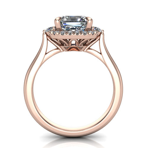 Riley asscher halo engagement ring in 18K Rose Gold with squared pavé halo and round side accents, through-finger front profile