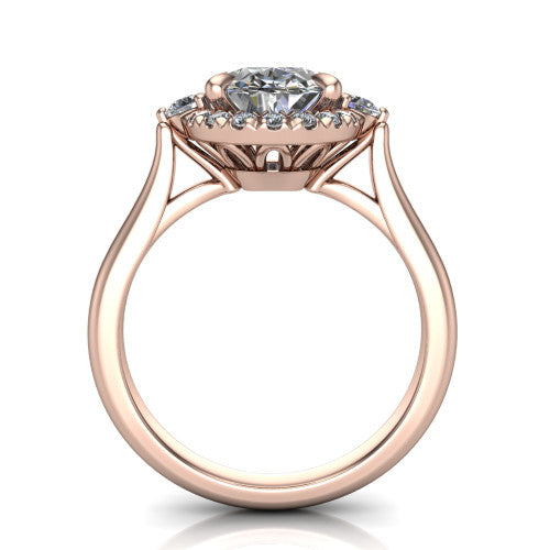 Riley oval halo engagement ring in 14K Rose Gold with squared pavé halo and round side accents, through-finger front profile