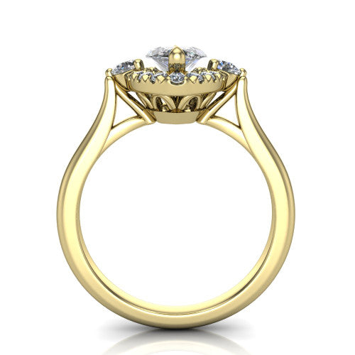 Riley marquise halo engagement ring in 18K Yellow Gold with squared pavé halo and round side accents, through-finger front profile