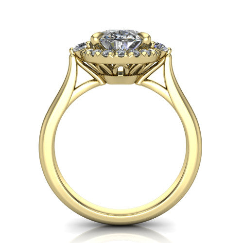 Riley oval halo engagement ring in 14K Yellow Gold with squared pavé halo and round side accents, through-finger front profile