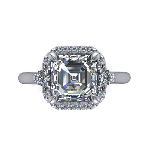 Riley asscher halo engagement ring in Platinum with squared pavé halo and round side accents, top-down view of the squared halo and round side accents