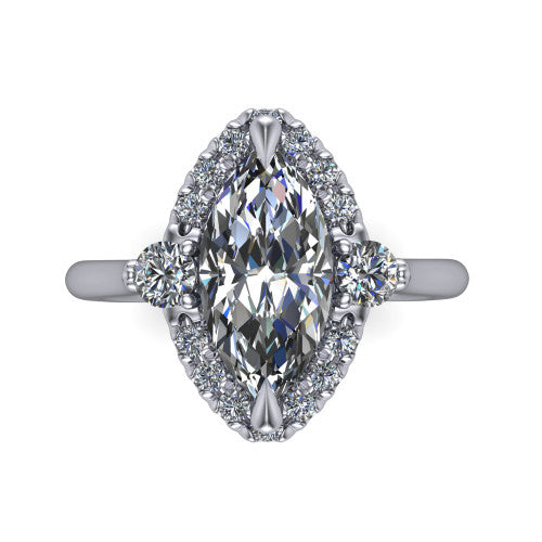 Riley marquise halo engagement ring in Platinum with squared pavé halo and round side accents, top-down view of the squared halo and round side accents
