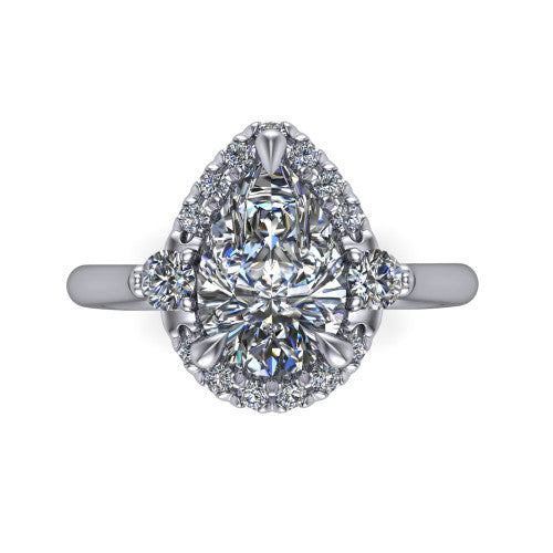 Riley pear halo engagement ring in 14K White Gold with squared pavé halo and round side accents, top-down view of the squared halo and round side accents