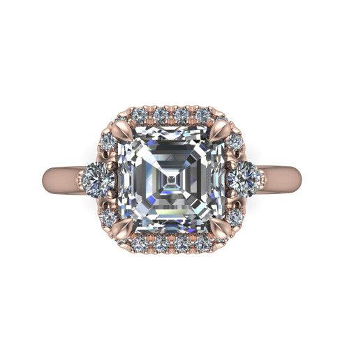 Riley asscher halo engagement ring in 14K Rose Gold with squared pavé halo and round side accents, top-down view of the squared halo and round side accents