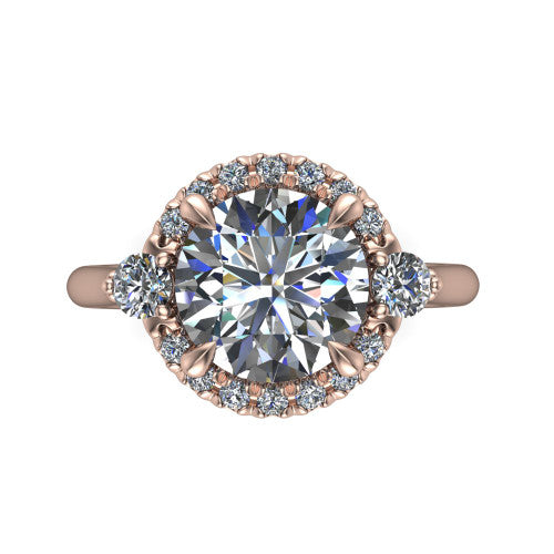Riley round halo engagement ring in 14K Rose Gold with squared pavé halo and round side accents, top-down view of the squared halo and round side accents