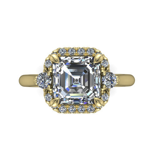 Riley asscher halo engagement ring in 14K Yellow Gold with squared pavé halo and round side accents, top-down view of the squared halo and round side accents