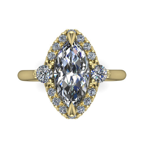 Riley marquise halo engagement ring in 14K Yellow Gold with squared pavé halo and round side accents, top-down view of the squared halo and round side accents