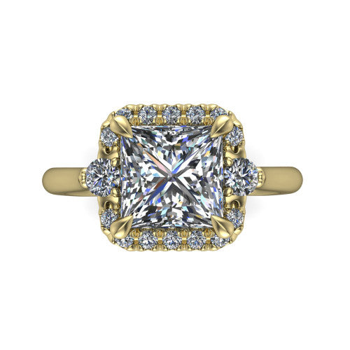Riley princess halo engagement ring in 14K Yellow Gold with squared pavé halo and round side accents, top-down view of the squared halo and round side accents
