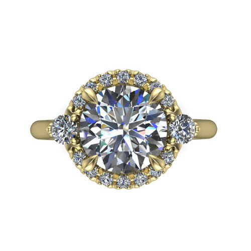 Riley round halo engagement ring in 14K Yellow Gold with squared pavé halo and round side accents, top-down view of the squared halo and round side accents