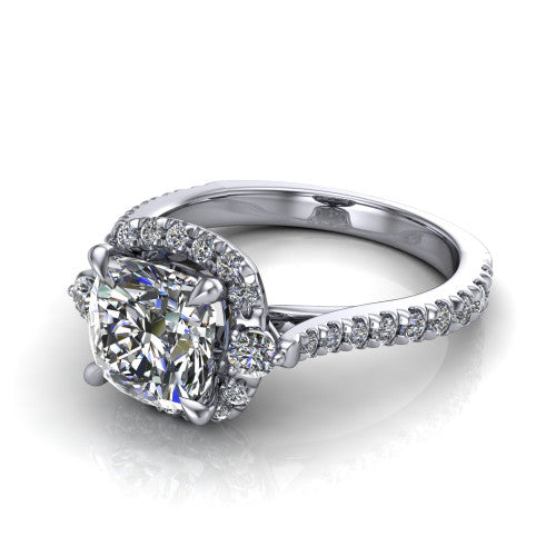 Amaya cushion halo engagement ring in 18K White Gold with squared pavé halo and round side accents, three-quarter perspective view