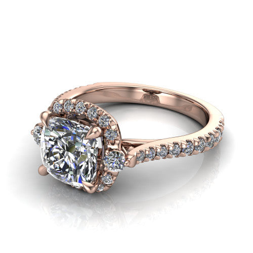 Amaya cushion halo engagement ring in 14K Rose Gold with squared pavé halo and round side accents, three-quarter perspective view