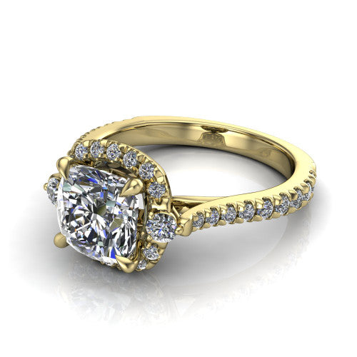 Amaya cushion halo engagement ring in 14K Yellow Gold with squared pavé halo and round side accents, three-quarter perspective view