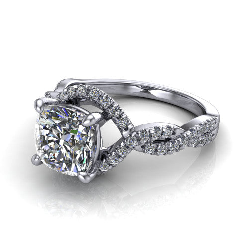 Madison cushion halo engagement ring in 14K White Gold with twisted pavé infinity band, three-quarter perspective view