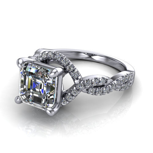Madison asscher halo engagement ring in Platinum with twisted pavé infinity band, three-quarter perspective view