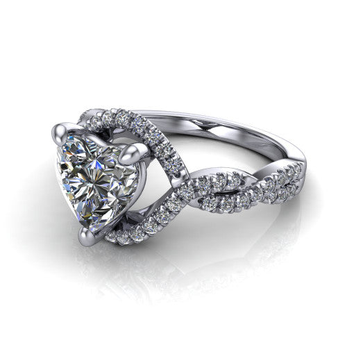 Madison heart halo engagement ring in 18K White Gold with twisted pavé infinity band, three-quarter perspective view