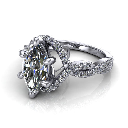 Madison marquise halo engagement ring in 14K White Gold with twisted pavé infinity band, three-quarter perspective view