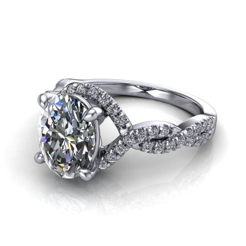 Madison oval halo engagement ring in 14K White Gold with twisted pavé infinity band, three-quarter perspective view