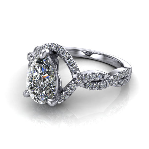 Madison pear halo engagement ring in Platinum with twisted pavé infinity band, three-quarter perspective view