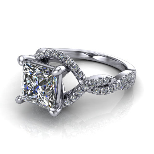 Madison princess halo engagement ring in 18K White Gold with twisted pavé infinity band, three-quarter perspective view