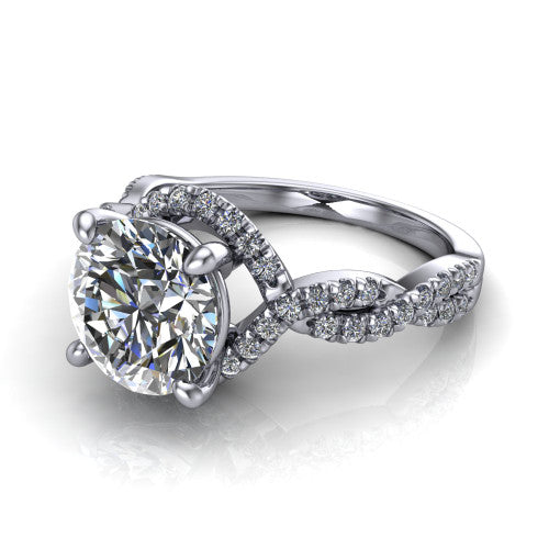 Madison round halo engagement ring in Platinum with twisted pavé infinity band, three-quarter perspective view