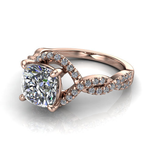 Madison cushion halo engagement ring in 14K Rose Gold with twisted pavé infinity band, three-quarter perspective view