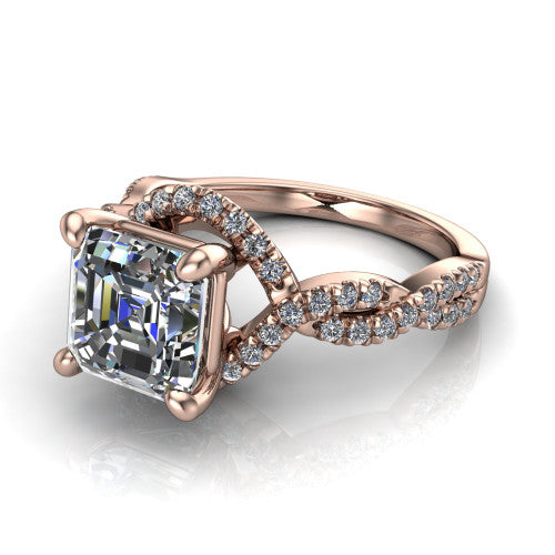 Madison emerald halo engagement ring in 18K Rose Gold with twisted pavé infinity band, three-quarter perspective view