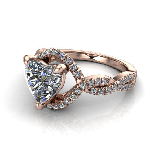 Madison heart halo engagement ring in 14K Rose Gold with twisted pavé infinity band, three-quarter perspective view