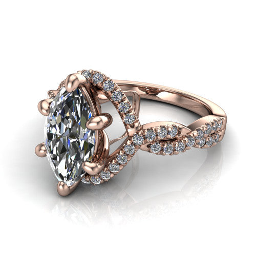 Madison marquise halo engagement ring in 18K Rose Gold with twisted pavé infinity band, three-quarter perspective view