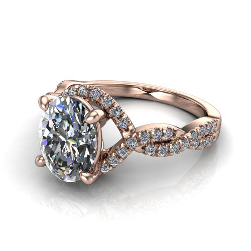 Madison oval halo engagement ring in 14K Rose Gold with twisted pavé infinity band, three-quarter perspective view