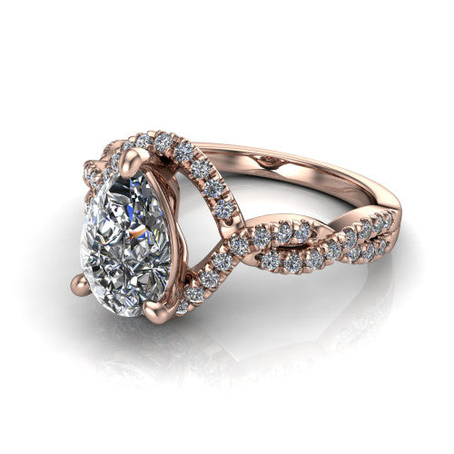 Madison pear halo engagement ring in 14K Rose Gold with twisted pavé infinity band, three-quarter perspective view