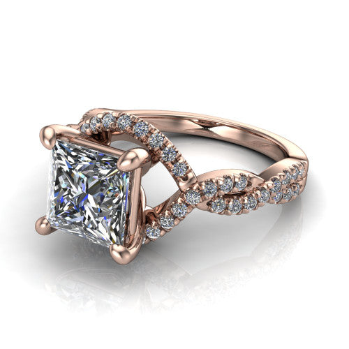 Madison princess halo engagement ring in 18K Rose Gold with twisted pavé infinity band, three-quarter perspective view