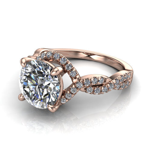 Madison round halo engagement ring in 18K Rose Gold with twisted pavé infinity band, three-quarter perspective view