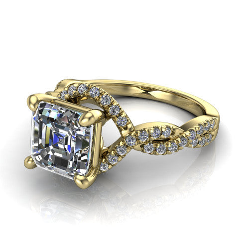 Madison emerald halo engagement ring in 18K Yellow Gold with twisted pavé infinity band, three-quarter perspective view