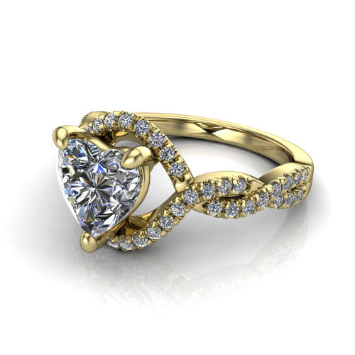 Madison heart halo engagement ring in 14K Yellow Gold with twisted pavé infinity band, three-quarter perspective view