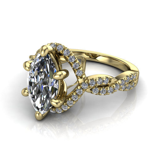 Madison marquise halo engagement ring in 18K Yellow Gold with twisted pavé infinity band, three-quarter perspective view