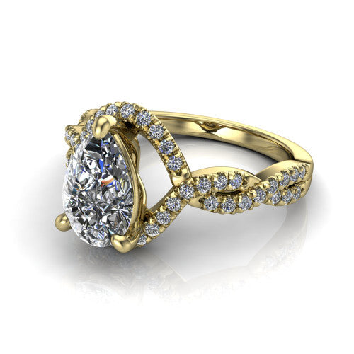 Madison pear halo engagement ring in 18K Yellow Gold with twisted pavé infinity band, three-quarter perspective view