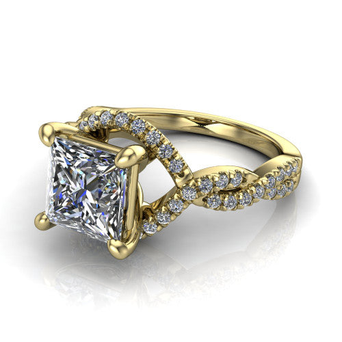 Madison princess halo engagement ring in 14K Yellow Gold with twisted pavé infinity band, three-quarter perspective view