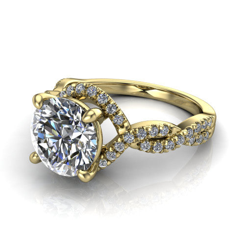 Madison round halo engagement ring in 18K Yellow Gold with twisted pavé infinity band, three-quarter perspective view