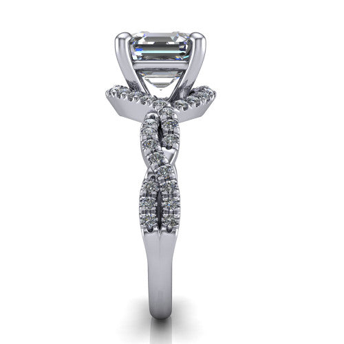 Madison asscher halo engagement ring in 14K White Gold with twisted pavé infinity band, side profile showing the twisted pavé infinity band